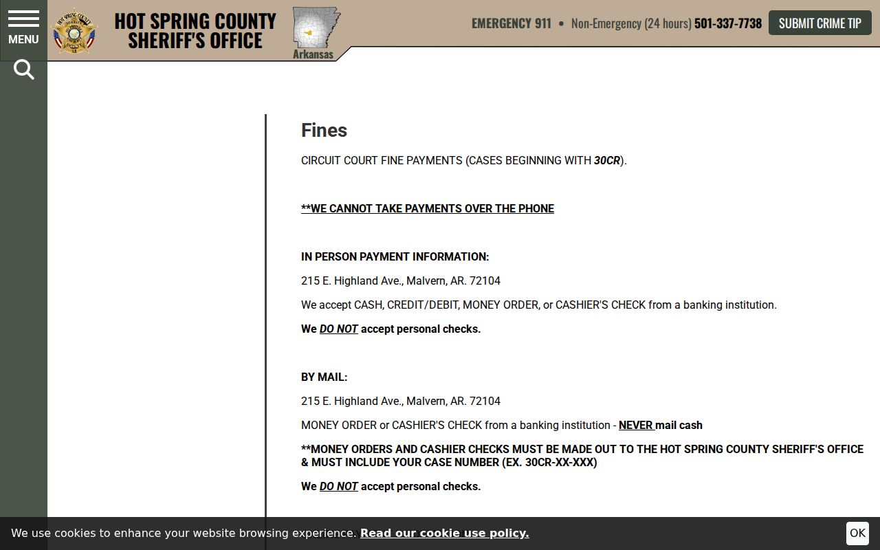 Hot Spring County felony fine instructions for 30CR Circuit cases