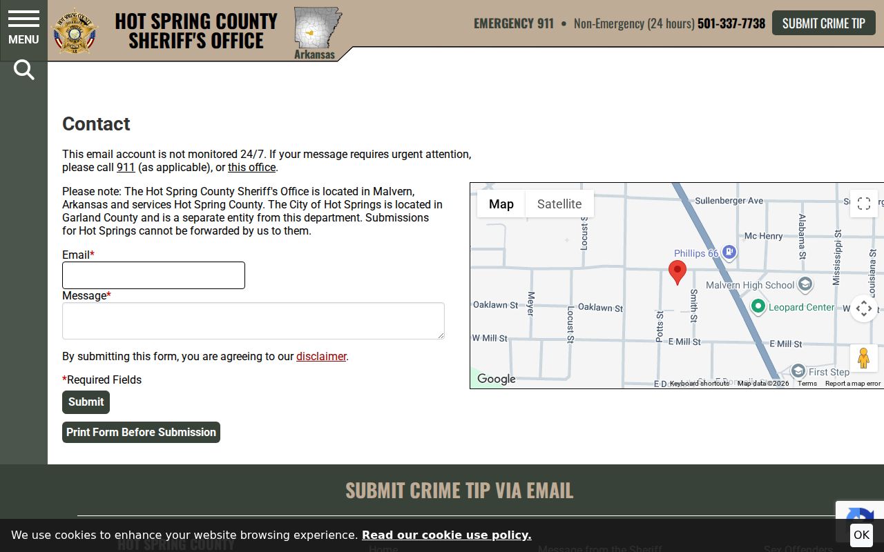 Official Hot Spring County Sheriff contact information
