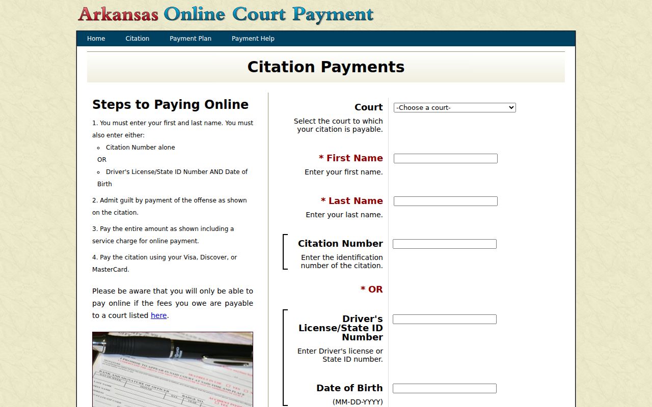 Arkansas citation portal fields used for Hot Spring County traffic court matters