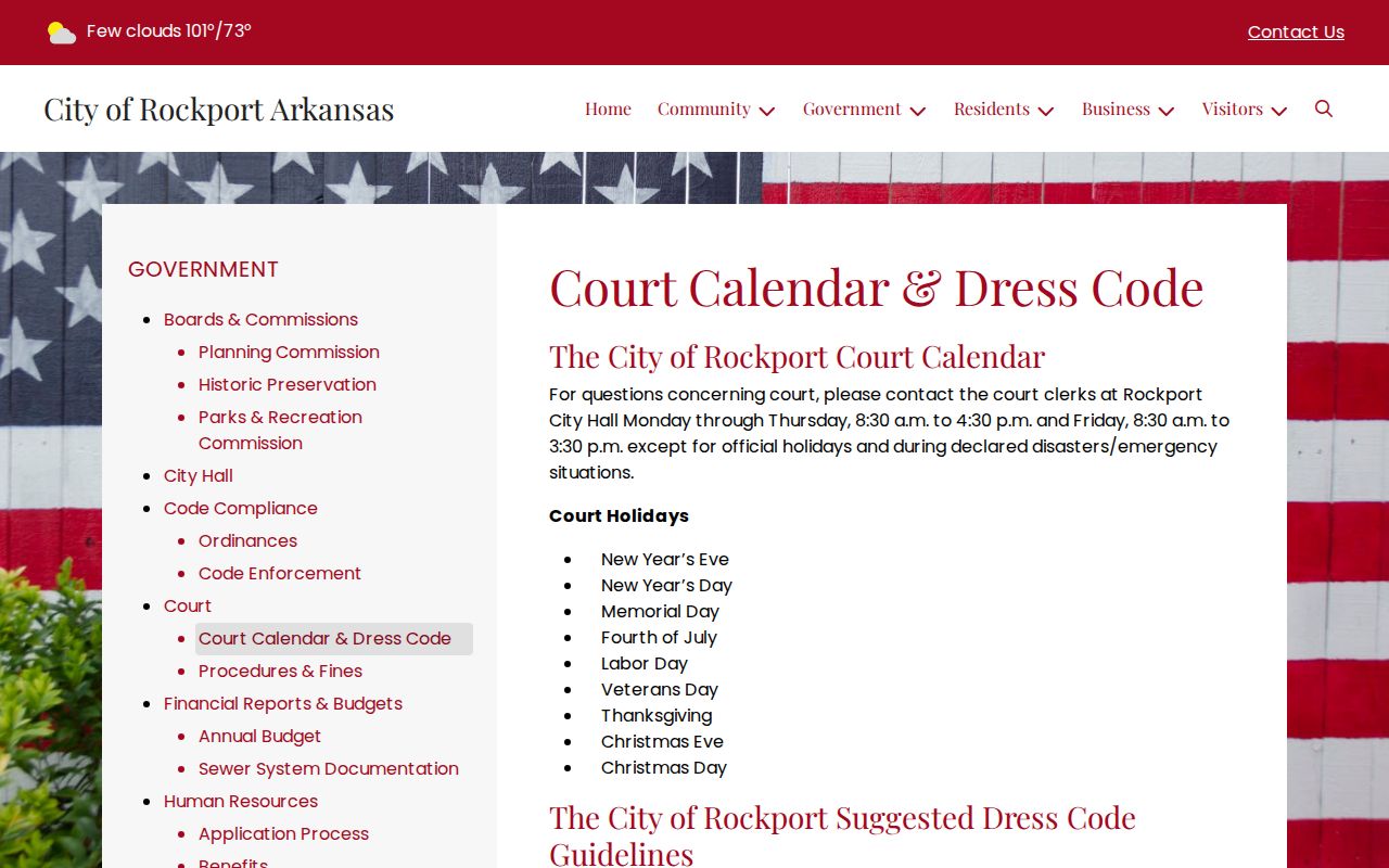 Hot Spring County bench warrants Rockport clerk hours and court rules