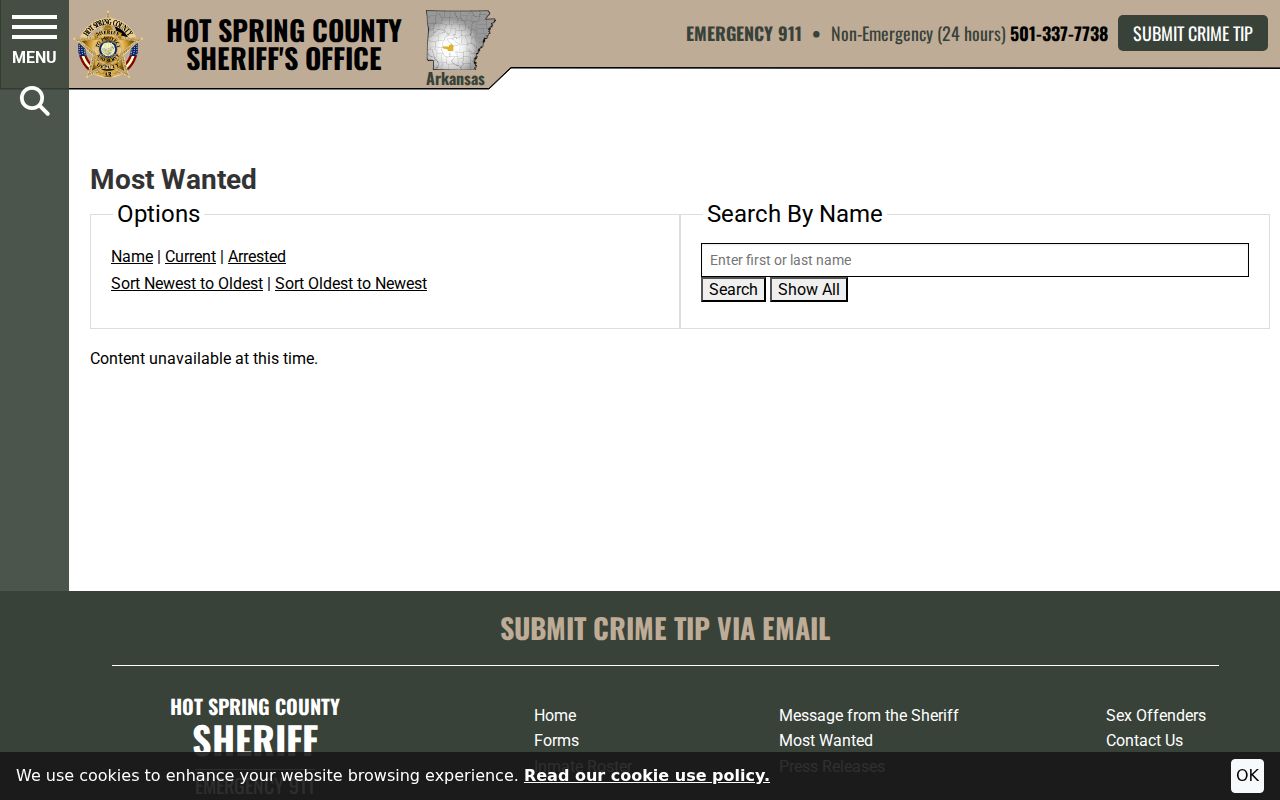 Official Hot Spring County most-wanted program interface without individual profiles