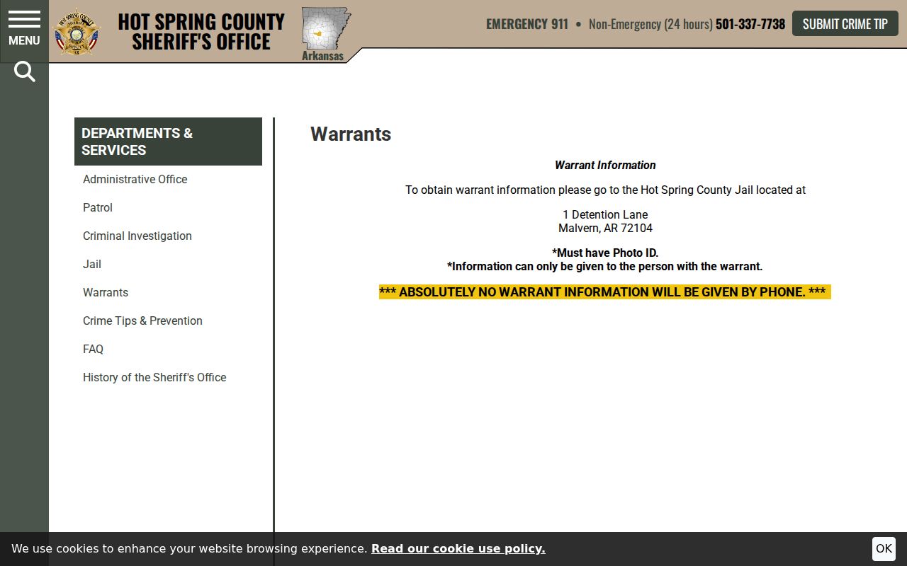 Hot Spring County Sheriff warrant instructions for in-person confirmation