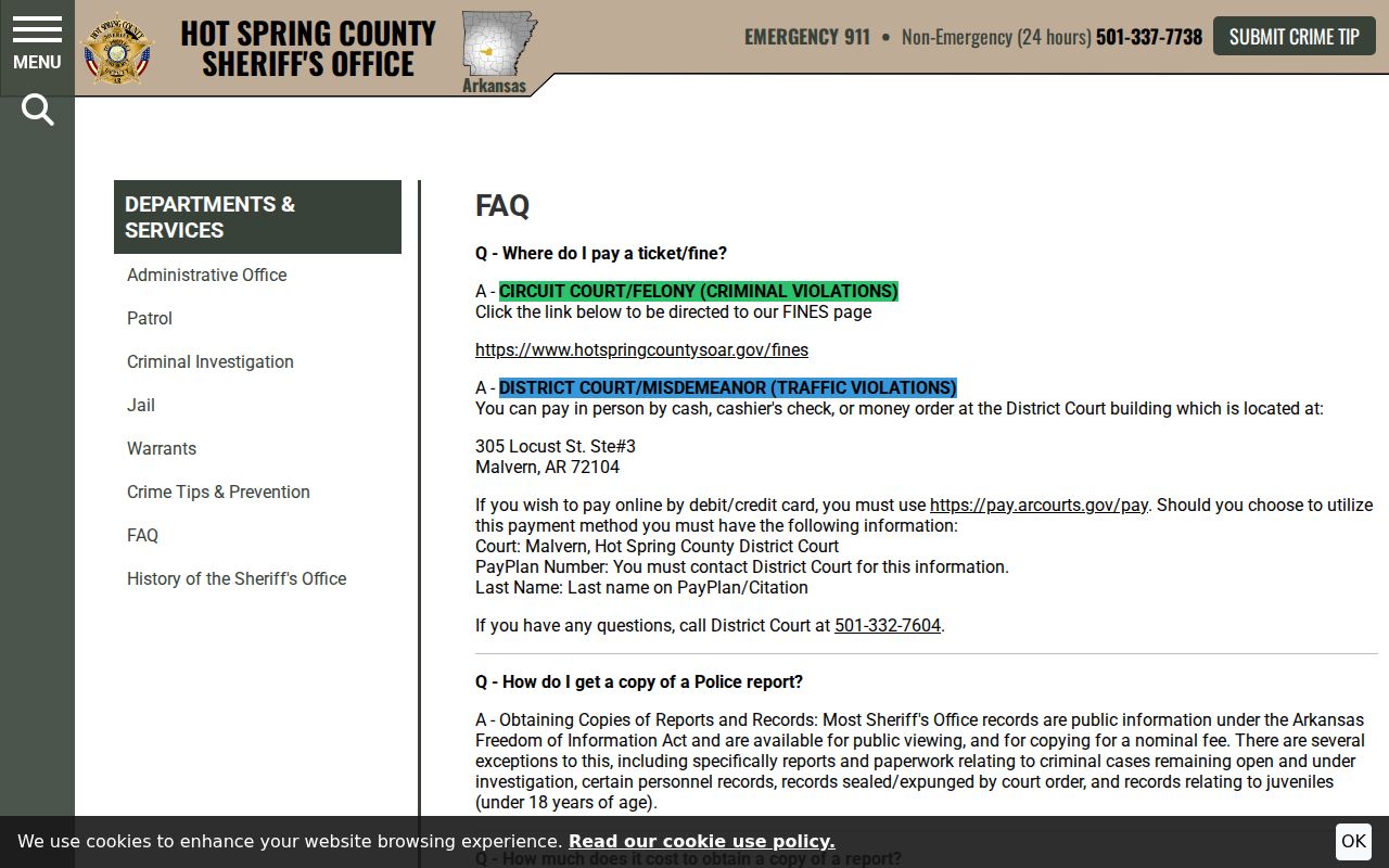Hot Spring County sheriff public-record and payment guidance